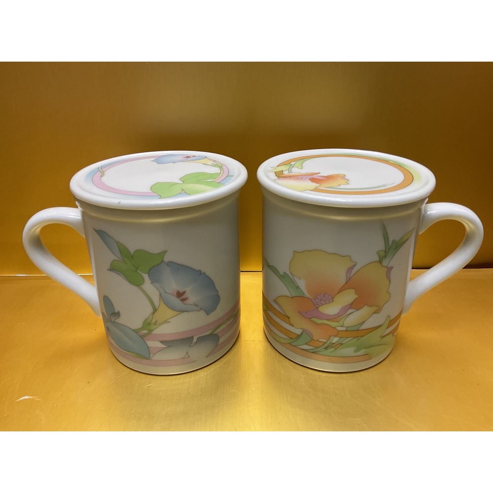 Toscany Collection Japan Floral Ceramic Mugs with Lids Coasters Set of 2 Pastel